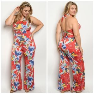 JANETTE PLUS red Hawaiian print halter jumpsuit